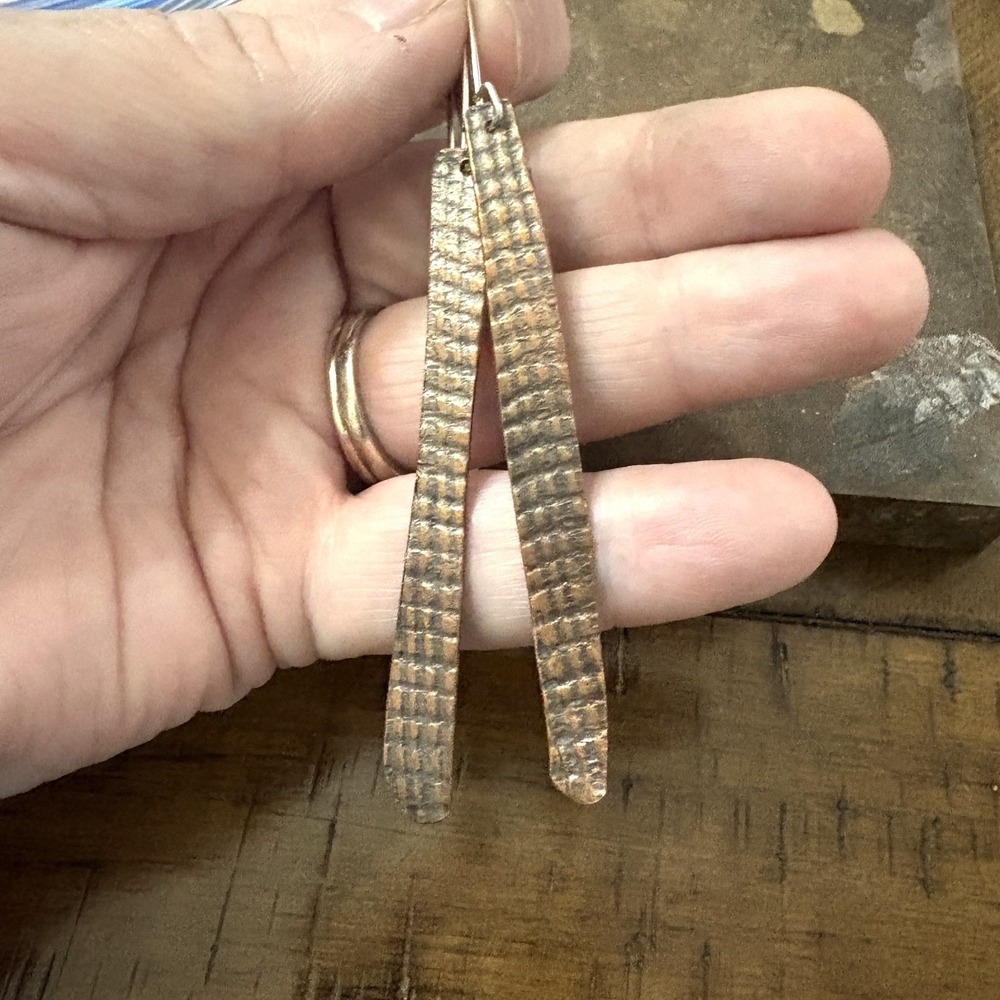 Pure Copper Solid Embossed Stick Rustic Earrings Drop Boho Handmade Hammered